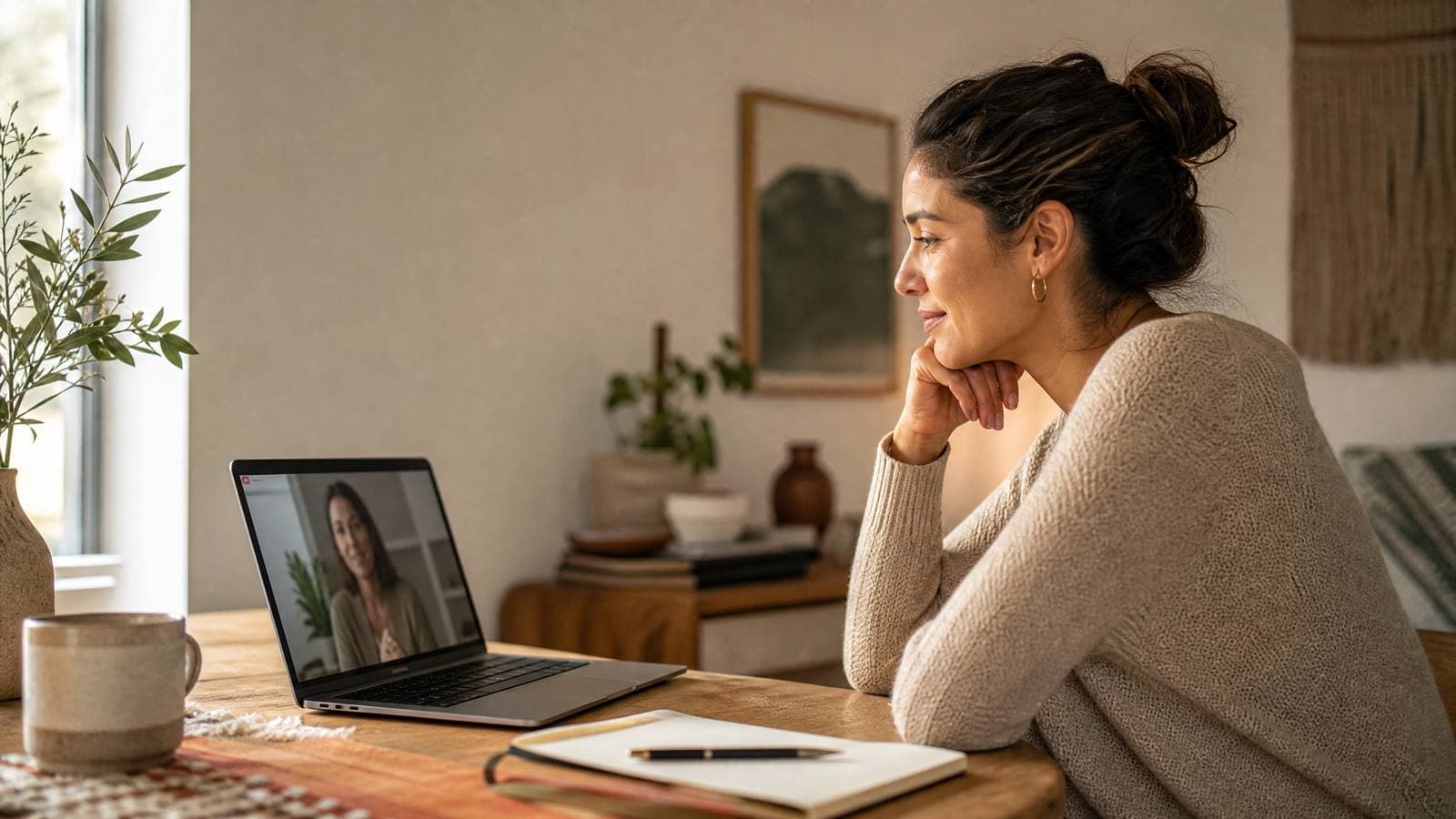 Patient in a calm home workspace during a secure video psychiatry visit