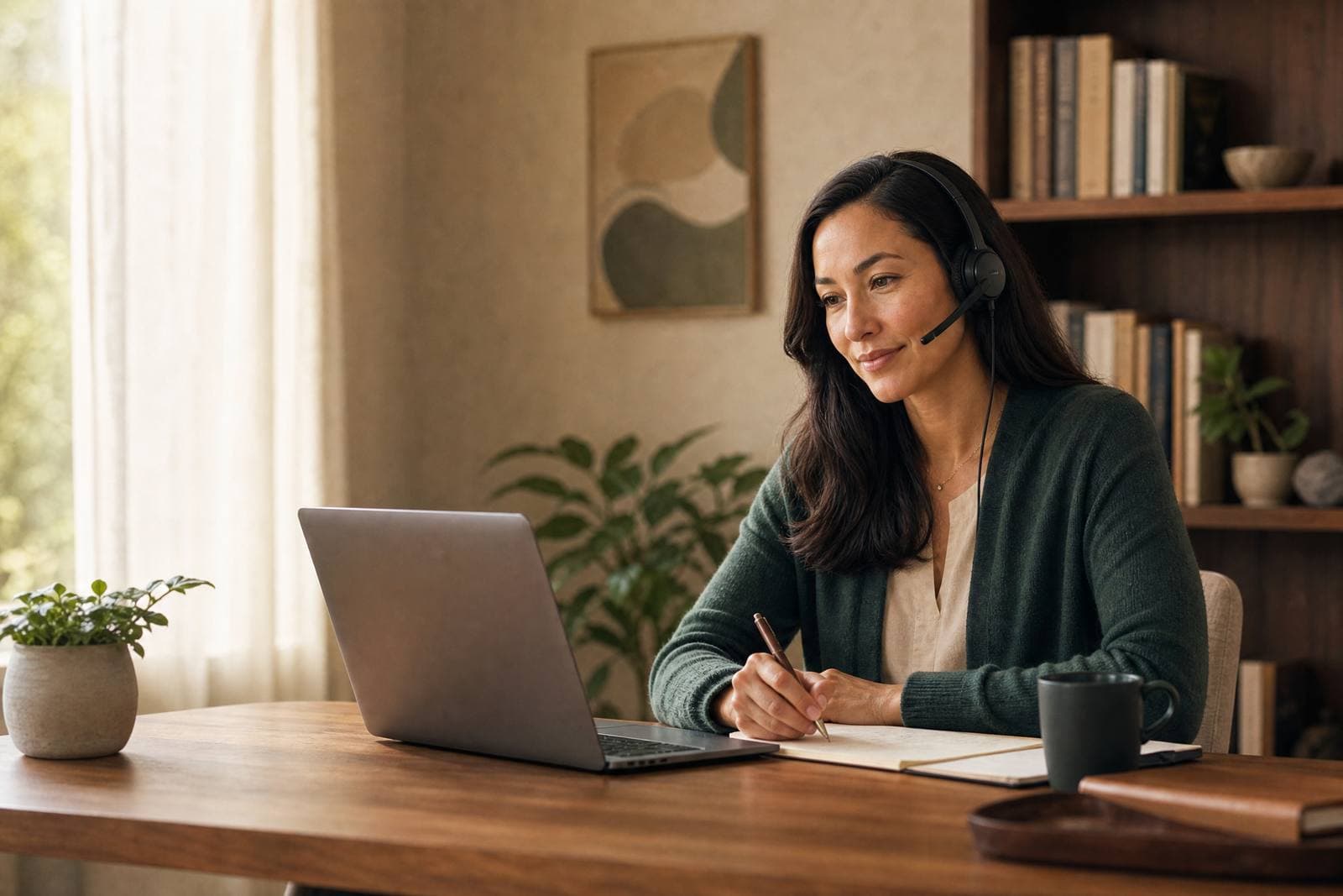 A clinician on a video visit from a calm home office